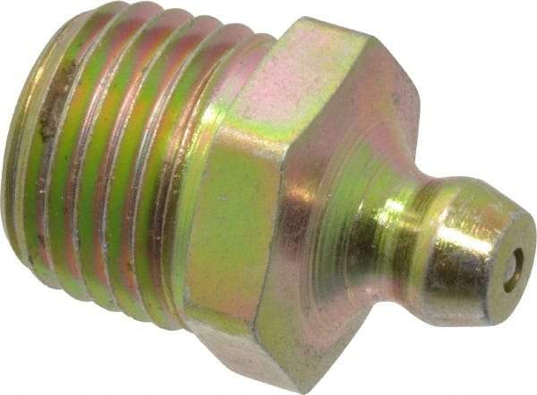 PRO-LUBE - Straight Head Angle, 1/4-18 NPT Steel Standard Grease Fitting - 9/16" Hex, 22mm Overall Height, 10.7mm Shank Length, Zinc Plated Finish - USA Tool & Supply
