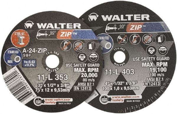 WALTER Surface Technologies - 4" 24 Grit Aluminum Oxide Cutoff Wheel - 1/16" Thick, 3/8" Arbor, 19,100 Max RPM, Use with Die Grinders - USA Tool & Supply