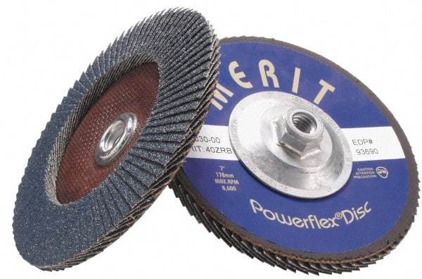 Merit Abrasives - 80 Grit, 7" Disc Diam, 5/8-11 Center Hole, Type 27 Zirconia Alumina Flap Disc - 8,600 Max RPM, Fiberglass Backing, Arbor Attaching System, Coated - USA Tool & Supply
