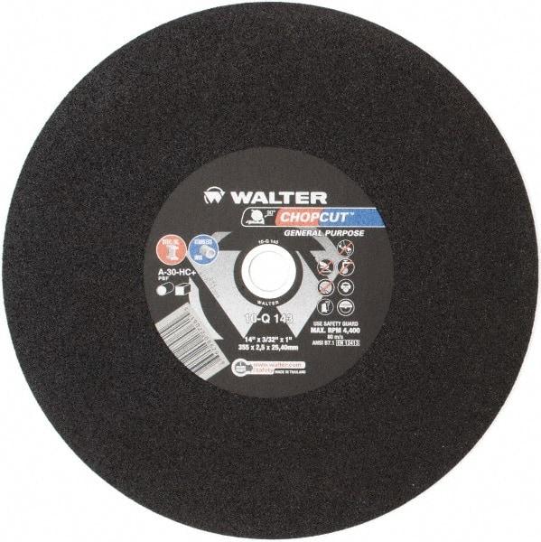 WALTER Surface Technologies - 14" 30 Grit Aluminum Oxide Cutoff Wheel - 3/32" Thick, 1" Arbor, 4,400 Max RPM, Use with Electric & Gas Powered Saws - USA Tool & Supply