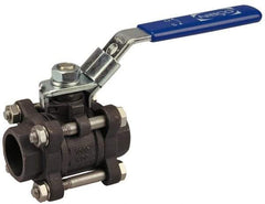 NIBCO - 3/4" Pipe, Full Port, Carbon Steel Standard Ball Valve - 3 Piece, Inline - One Way Flow, Socket Weld x Socket Weld Ends, Locking Lever Handle, 1,000 WOG - USA Tool & Supply