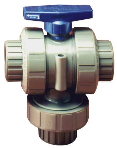 Plast-O-Matic - 2" Pipe, PVC True Union Design Ball Valve - Three Way, FNPT x FNPT x FNPT Ends, Tee Handle, 175 WOG - USA Tool & Supply