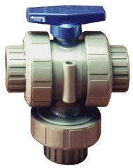 Plast-O-Matic - 2" Pipe, PVC True Union Design Ball Valve - Three Way, FNPT x FNPT x FNPT Ends, Tee Handle, 175 WOG - USA Tool & Supply
