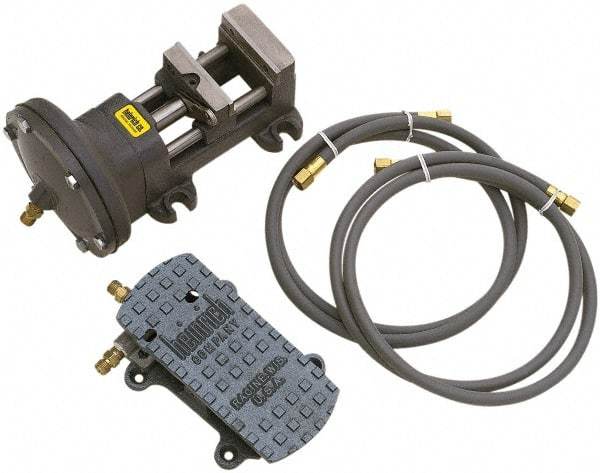 Heinrich - 4" Jaw Width, 4-5/8" Jaw Opening Capacity, Horizontal Stationary Machine Vise - Air Operation, 1 Station, 6-1/8" Long x 5-3/8" High x 1-5/16" Deep - USA Tool & Supply