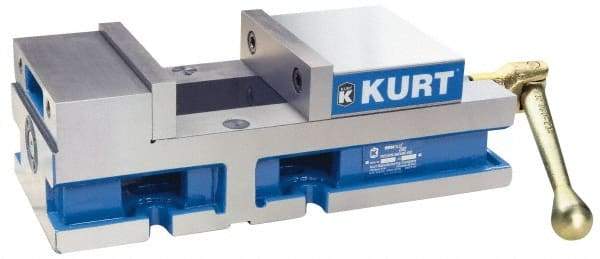 Kurt - 6" Jaw Width, 4" Jaw Opening Capacity, Horizontal Stationary Machine Vise - Reverse Manual Operation, 6,356 Lb Capacity, 1 Station, 14.88" Long x 4.6720" High x 1-31/64" Deep, 1.735" Jaw Height, 80 Lb Max Clamp Force - USA Tool & Supply