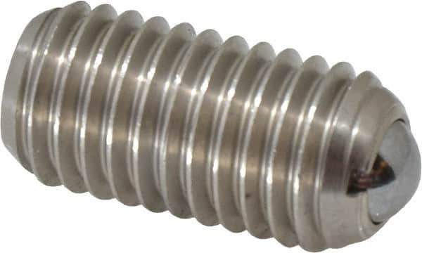 Vlier - 5/8-11, 0.375" Ball Diam, 1.25" Body Length, 0.096" Max Ball Reach, Threaded Ball Plunger - Stainless Steel Body, Stainless Steel Ball, 9 Lb Initial End Force, 18 Lb Final End Force, Locking Element - USA Tool & Supply
