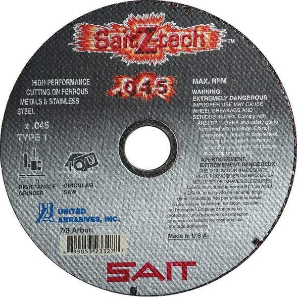 Sait - 4" Zirconia Alumina Cutoff Wheel - 0.045" Thick, 5/8" Arbor, 19,000 Max RPM, Use with Angle Grinders - USA Tool & Supply