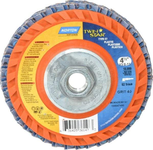 Norton - 40 Grit, 4-1/2" Disc Diam, 5/8-11 Center Hole, Type 27 Ceramic Flap Disc - 13,000 Max RPM, Plastic Backing, Arbor Attaching System, Coated - USA Tool & Supply