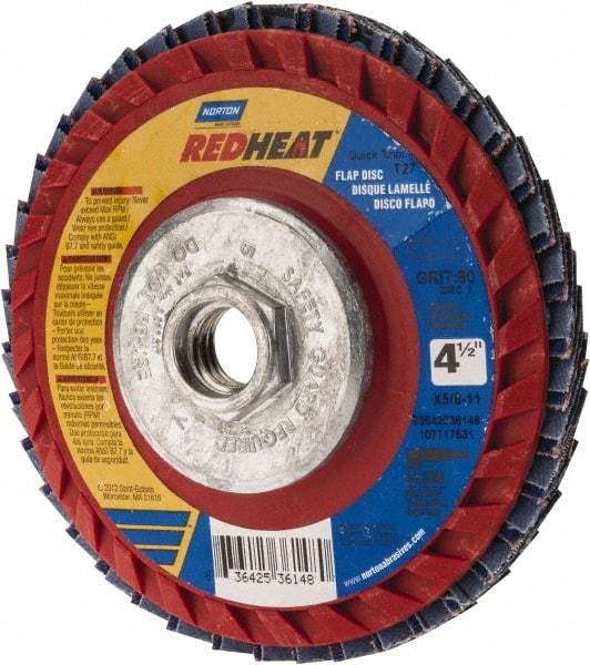 Norton - 60 Grit, 4-1/2" Disc Diam, 5/8-11 Center Hole, Type 27 Ceramic Flap Disc - 13,000 Max RPM, Plastic Backing, Arbor Attaching System, Coated - USA Tool & Supply