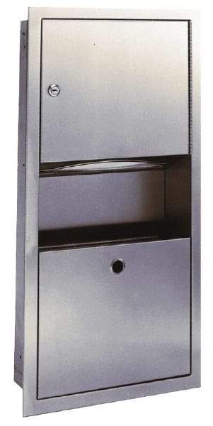 Made in USA - Manual, Stainless Steel Paper Towel Dispenser with Receptacle - 26" High x 14-1/4" Wide x 4-1/4" Deep, 2 Sleeves, Silver - USA Tool & Supply