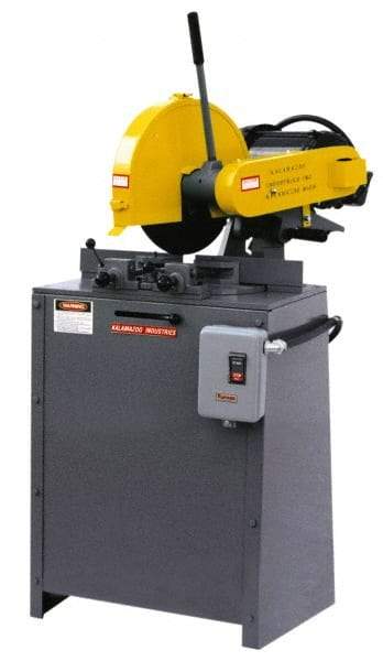 Kalamazoo - 14" Blade Diam, 1" Arbor Hole, Miter Chop & Cutoff Saw - 3 Phase, 4,400 RPM, 5 hp, 220/440 Volts, 2-1/2" in Solids at 90°, 2-1/2" in Solids at 45°, 3" in Pipe at 45° - USA Tool & Supply
