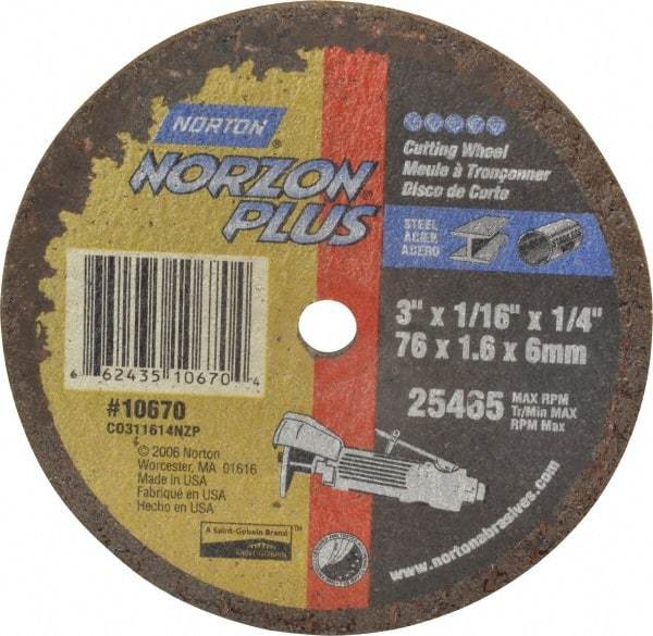 Norton - 3" Ceramic Cutoff Wheel - 1/16" Thick, 1/4" Arbor, 25,465 Max RPM, Use with Die Grinders - USA Tool & Supply