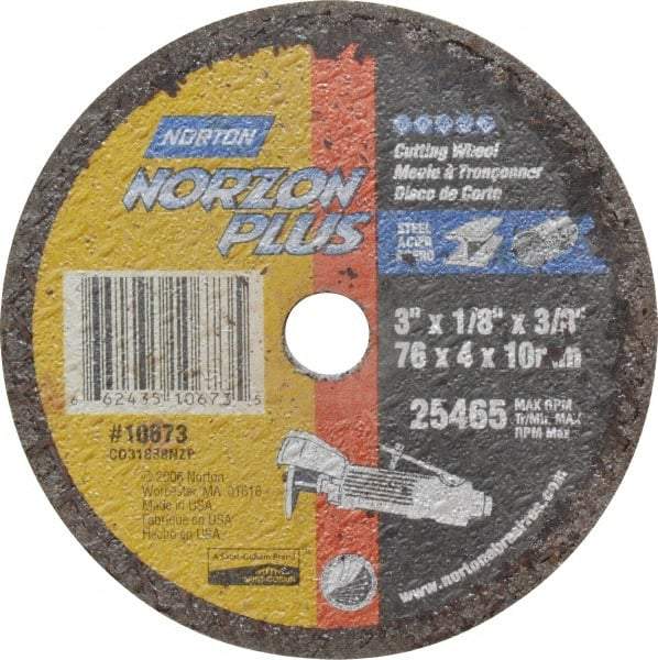Norton - 3" Ceramic Cutoff Wheel - 1/8" Thick, 3/8" Arbor, 25,465 Max RPM, Use with Die Grinders - USA Tool & Supply