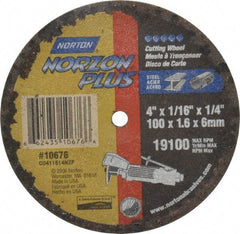 Norton - 4" 36 Grit Ceramic Cutoff Wheel - 1/16" Thick, 1/4" Arbor, 19,100 Max RPM, Use with Die Grinders - USA Tool & Supply