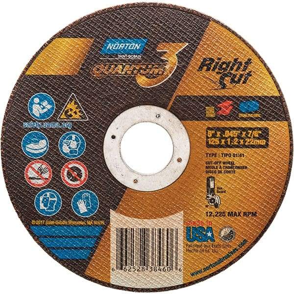 Norton - 5" 46 Grit Ceramic Alumina Cutoff Wheel - 0.045" Thick, 7/8" Arbor, 12,225 Max RPM, Use with Angle Grinders - USA Tool & Supply