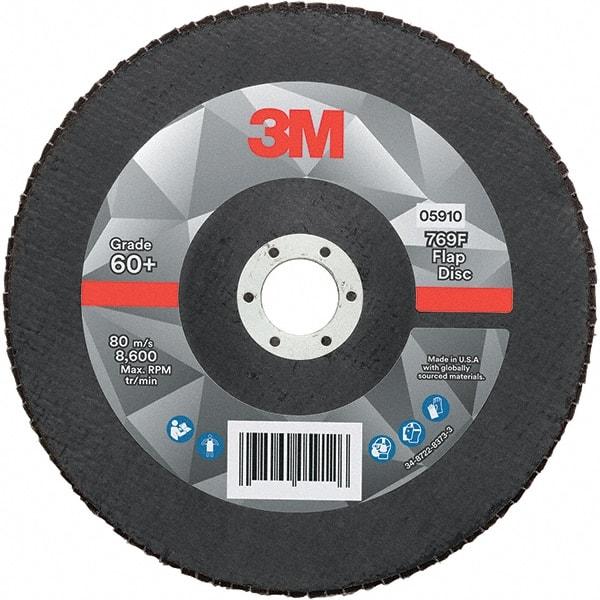 3M - 7" Disc Diam, 7/8" Center Hole, Type 27 Ceramic Flap Disc - 8,600 Max RPM, Fiberglass Backing, Arbor Attaching System, Coated - USA Tool & Supply