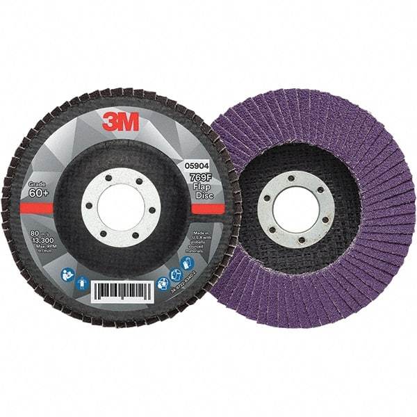 3M - 4-1/2" Disc Diam, 7/8" Center Hole, Type 27 Ceramic Flap Disc - 13,300 Max RPM, Fiberglass Backing, Arbor Attaching System, Coated - USA Tool & Supply