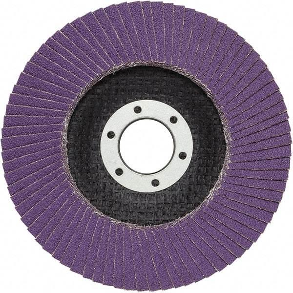 3M - 4-1/2" Disc Diam, 7/8" Center Hole, Type 29 Ceramic Flap Disc - 13,300 Max RPM, Fiberglass Backing, Arbor Attaching System, Coated - USA Tool & Supply
