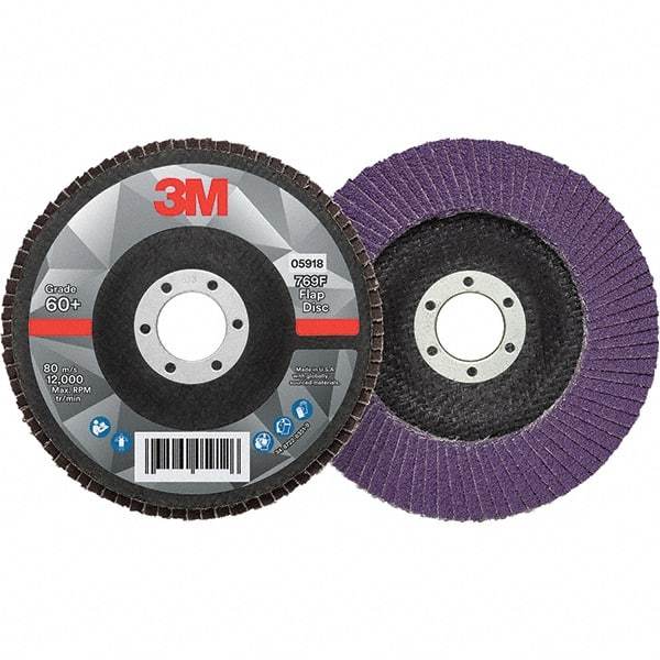 3M - 5" Disc Diam, 7/8" Center Hole, Type 29 Ceramic Flap Disc - 12,000 Max RPM, Fiberglass Backing, Arbor Attaching System, Coated - USA Tool & Supply