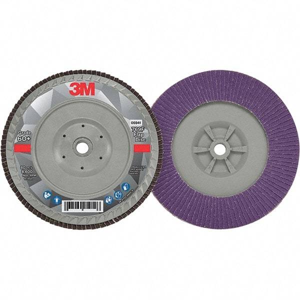 3M - 7" Disc Diam, 5/8-11 Center Hole, Type 27 Ceramic Flap Disc - 8,600 Max RPM, Plastic Backing, Arbor Attaching System, Coated - USA Tool & Supply