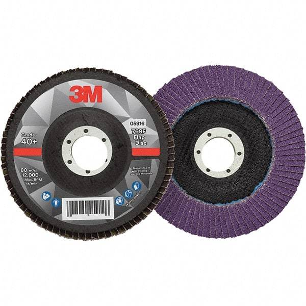 3M - 5" Disc Diam, 7/8" Center Hole, Type 29 Ceramic Flap Disc - 12,000 Max RPM, Fiberglass Backing, Arbor Attaching System, Coated - USA Tool & Supply