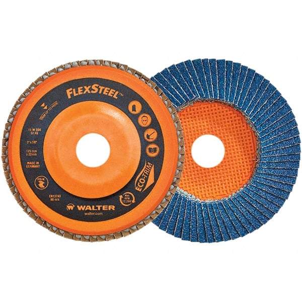 WALTER Surface Technologies - 60 Grit, 6" Disc Diam, 7/8" Center Hole, Type 27 Zirconia Alumina Flap Disc - 10,200 Max RPM, Poly Cotton Backing, Threaded Hole Attaching System, Coated - USA Tool & Supply