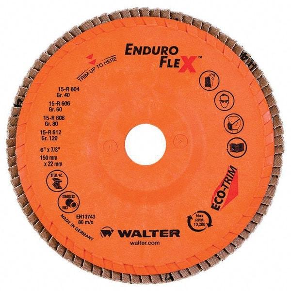 WALTER Surface Technologies - 40 Grit, 6" Disc Diam, 7/8" Center Hole, Type 27 Zirconia Alumina Flap Disc - 10,200 Max RPM, Poly Cotton Backing, Threaded Hole Attaching System, Coated - USA Tool & Supply