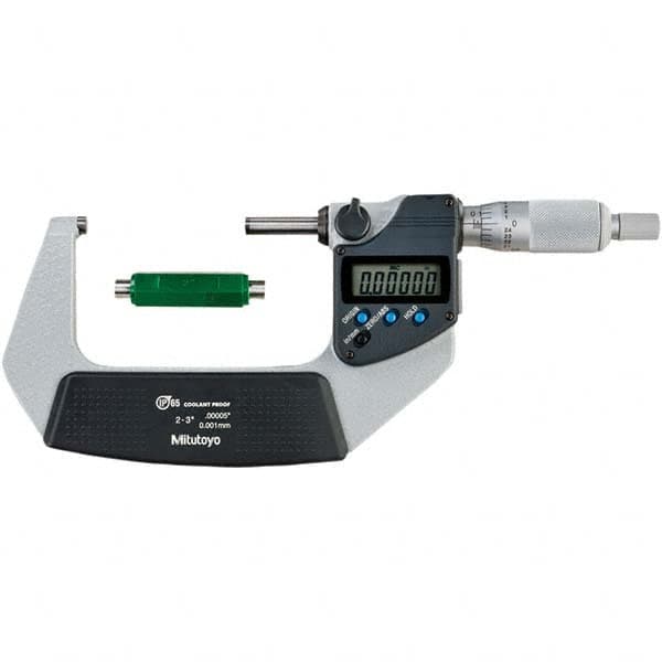 Electronic Outside Micrometer: 3″, Carbide Tipped Measuring Face, IP65 0.00005″ Resolution, ±0.000050″Accuracy, Ratchet Thimble