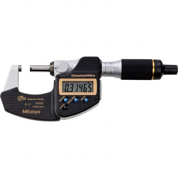 Electronic Outside Micrometer: 1″, Carbide Tipped Measuring Face, IP65 ±0.000050″Accuracy, Ratchet Stop Thimble