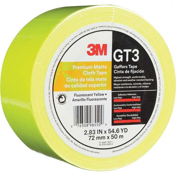 3M - 50m x 72mm x 11 mil Fluorescent Yellow Cotton Cloth Gaffers Tape - USA Tool & Supply