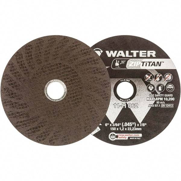 WALTER Surface Technologies - 6" Aluminum Oxide Cutoff Wheel - 3/64" Thick, 7/8" Arbor, 10,200 Max RPM, Use with Die Grinders - USA Tool & Supply
