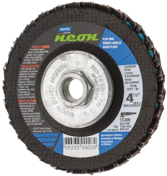 Norton - 36 Grit, 4-1/2" Disc Diam, 5/8-11 Center Hole, Type 29 Ceramic Alumina Flap Disc - 13,300 Max RPM, Polyester Backing, Arbor Attaching System, Coated - USA Tool & Supply