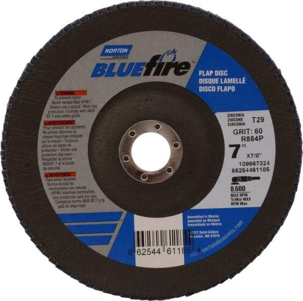 Norton - 60 Grit, 7" Disc Diam, 7/8" Center Hole, Type 29 Zirconia Alumina Flap Disc - 8,600 Max RPM, Cloth Backing, Arbor Attaching System, Coated - USA Tool & Supply