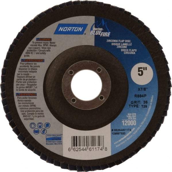 Norton - 36 Grit, 5" Disc Diam, 7/8" Center Hole, Type 29 Zirconia Alumina Flap Disc - 12,000 Max RPM, Cloth Backing, Arbor Attaching System, Coated - USA Tool & Supply