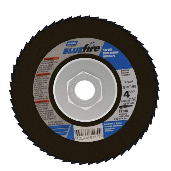 Norton - 60 Grit, 4-1/2" Disc Diam, 5/8-11 Center Hole, Type 29 Zirconia Alumina Flap Disc - 13,300 Max RPM, Cloth Backing, Arbor Attaching System, Coated - USA Tool & Supply