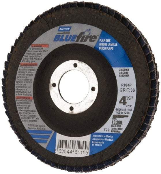 Norton - 36 Grit, 4-1/2" Disc Diam, 7/8" Center Hole, Type 29 Zirconia Alumina Flap Disc - 13,300 Max RPM, Cloth Backing, Arbor Attaching System, Coated - USA Tool & Supply