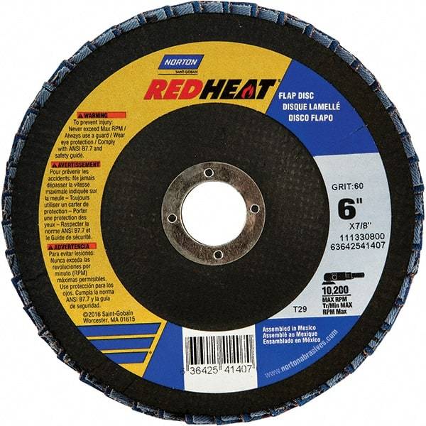 Norton - 60 Grit, 6" Disc Diam, 7/8" Center Hole, Type 29 Ceramic Alumina Flap Disc - 10,200 Max RPM, Cloth Backing, Arbor Attaching System, Coated - USA Tool & Supply