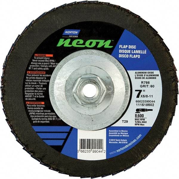 Norton - 36 Grit, 7" Disc Diam, 5/8-11 Center Hole, Type 29 Ceramic Alumina Flap Disc - 8,600 Max RPM, Polyester Backing, Arbor Attaching System, Coated - USA Tool & Supply