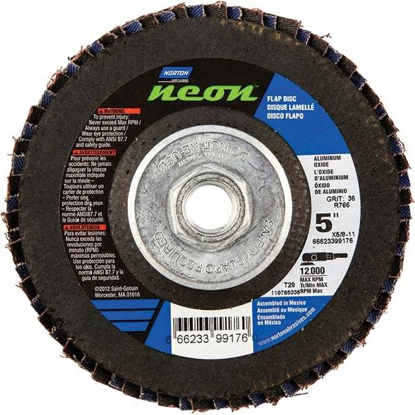 Norton - 80 Grit, 5" Disc Diam, 5/8-11 Center Hole, Type 29 Ceramic Alumina Flap Disc - 12,000 Max RPM, Polyester Backing, Arbor Attaching System, Coated - USA Tool & Supply