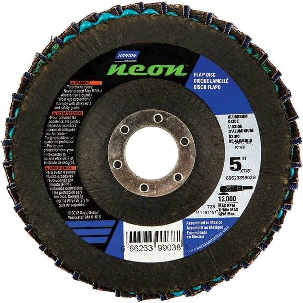 Norton - 40 Grit, 5" Disc Diam, 7/8" Center Hole, Type 29 Ceramic Alumina Flap Disc - 12,000 Max RPM, Polyester Backing, Arbor Attaching System, Coated - USA Tool & Supply