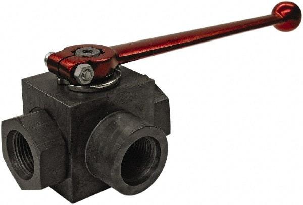 HYDAC - 1" Pipe, Full Port, Carbon Steel Full Port Ball Valve - Three Way, NPT Ends, Straight Handle, 6,000 WOG - USA Tool & Supply