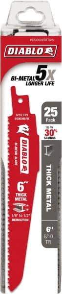 Freud - 6" Long x 1" Thick, Bi-Metal Reciprocating Saw Blade - Tapered Profile, 8 to 10 TPI, Toothed Edge, Tang Shank - USA Tool & Supply
