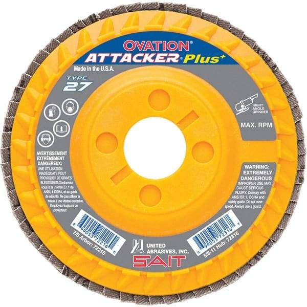 Sait - 40 Grit, 4-1/2" Disc Diam, 7/8" Center Hole, Type 27 Zirconia Alumina Flap Disc - 13,300 Max RPM, Plastic Backing, Arbor Attaching System, Coated - USA Tool & Supply