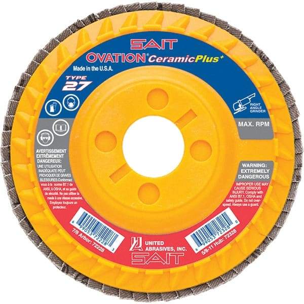 Sait - 36 Grit, 4-1/2" Disc Diam, 7/8" Center Hole, Type 27 Ceramic Flap Disc - 13,300 Max RPM, Plastic Backing, Arbor Attaching System, Coated - USA Tool & Supply