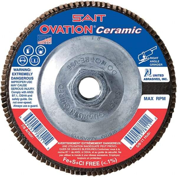 Sait - 60 Grit, 4-1/2" Disc Diam, 5/8-11 Center Hole, Type 27 Ceramic Flap Disc - 13,300 Max RPM, Plastic Backing, Arbor Attaching System, Coated - USA Tool & Supply