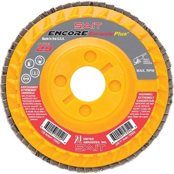 Sait - 36 Grit, 4-1/2" Disc Diam, 7/8" Center Hole, Type 29 Ceramic Flap Disc - 13,300 Max RPM, Plastic Backing, Arbor Attaching System, Coated - USA Tool & Supply