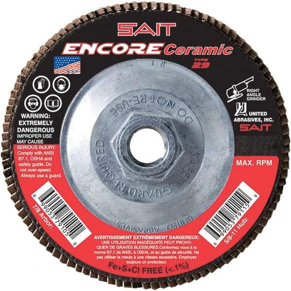 Sait - 60 Grit, 4-1/2" Disc Diam, 5/8-11 Center Hole, Type 29 Ceramic Flap Disc - 13,300 Max RPM, Plastic Backing, Arbor Attaching System, Coated - USA Tool & Supply