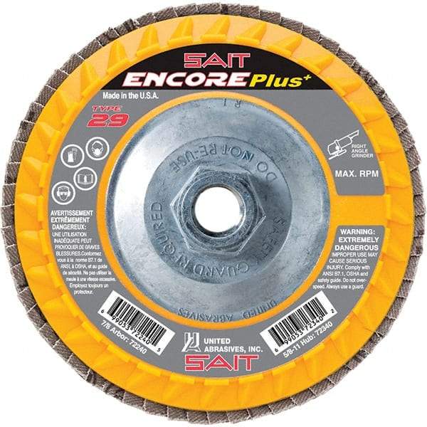 Sait - 60 Grit, 4-1/2" Disc Diam, 5/8-11 Center Hole, Type 29 Zirconia Alumina Flap Disc - 13,300 Max RPM, Plastic Backing, Arbor Attaching System, Coated - USA Tool & Supply