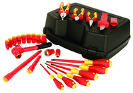 Insulated 3/8" Drive Metric Sockets 6.0 - 19.0mm; 2 Extension Bars; 3/8" Ratchet; Knife; Slotted & Phillips Drivers; 3 Pliers/Cutters in Storage Box. 24 Pieces - USA Tool & Supply