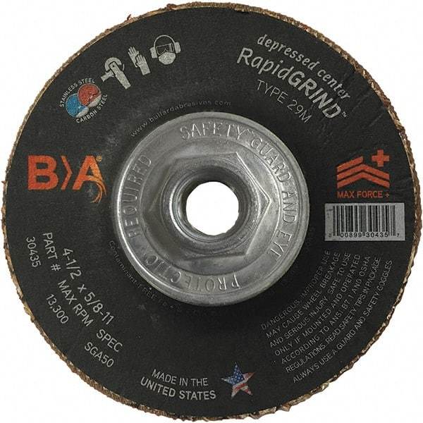 BULLARD - 50 Grit, 5" Wheel Diam, 1/8" Wheel Thickness, Type 29 Depressed Center Wheel - Coarse Grade, Ceramic, 12,200 Max RPM, Compatible with Angle Grinder - USA Tool & Supply
